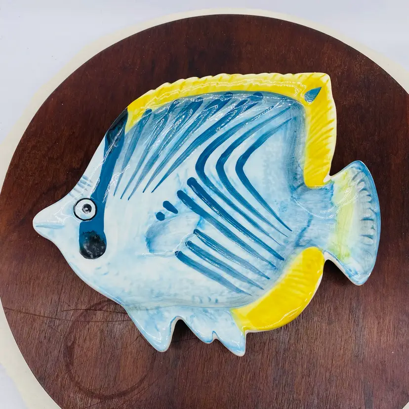 #1527  Pier One Ceramic Fish Plate Dish Blue And Yellow