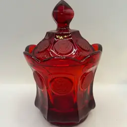 VINTAGE FOSTORIA  COIN GLASS CANDY JAR AND COVER - RED