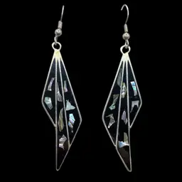vintage Mexican Alpaca silver dangle earrings with black enamel and abalone shell inlay.