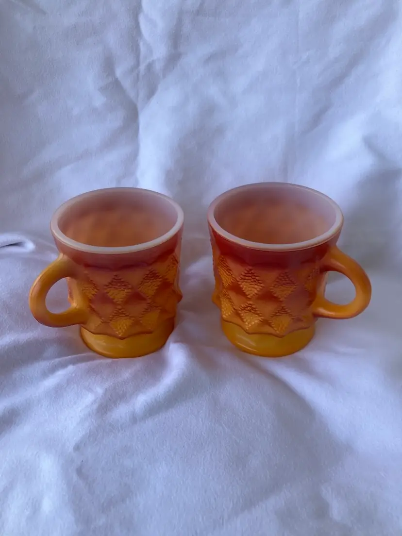 Fire King Orange Kimberly Diamond Point Mugs -Set Of 2