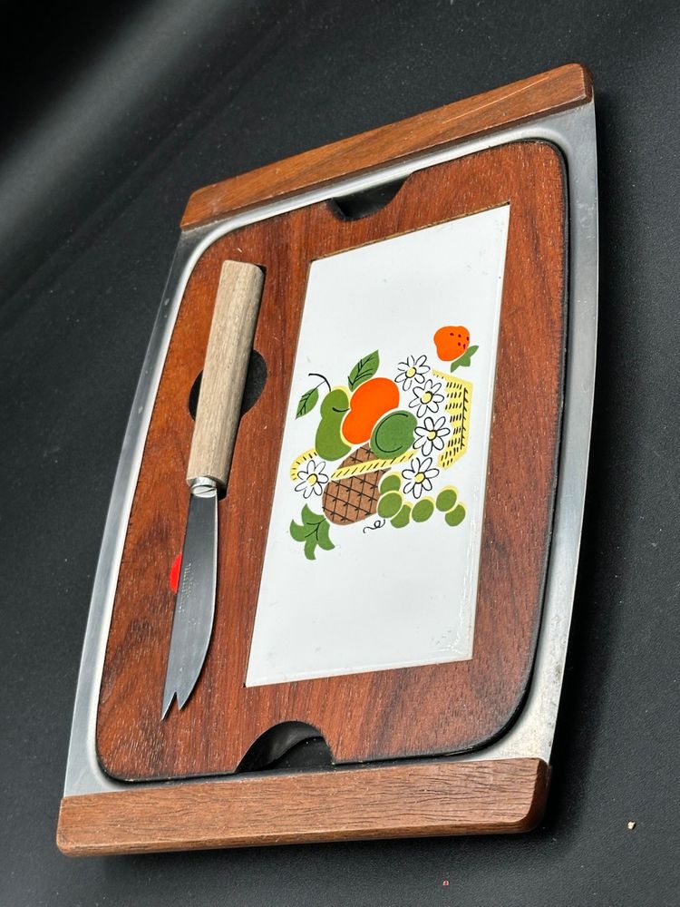 Vintage MCM Japanese Ceramic Tile Wood Cutting Board Serving Tray Knife Holder