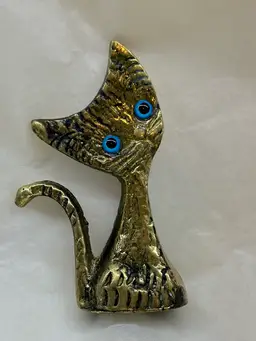 VTG Bronze Mini Kitty Cat, Blue Eyes, Handmade In Greece
