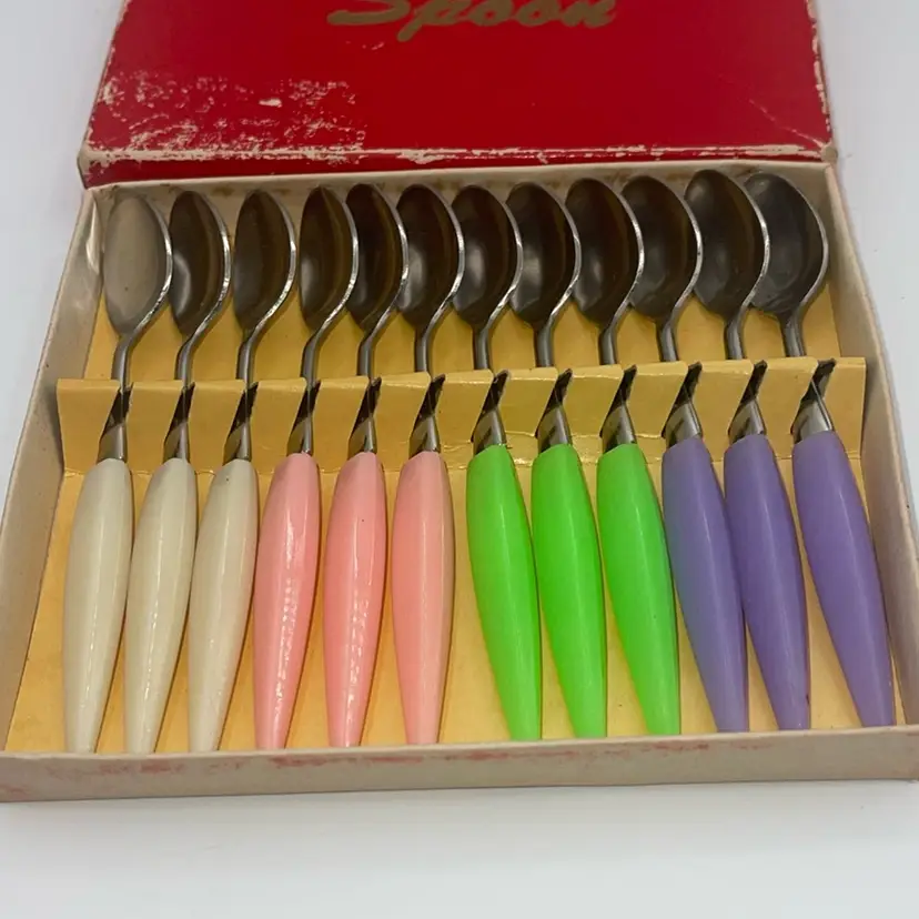 PREOWNED VTG 1960's Stainless Pastel Handled  Hor D'oeuvre Spoons Original Box