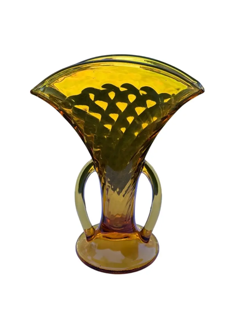1920s Imperial Glass-  Twisted Optic Amber Fan Vase With Handles- 8”