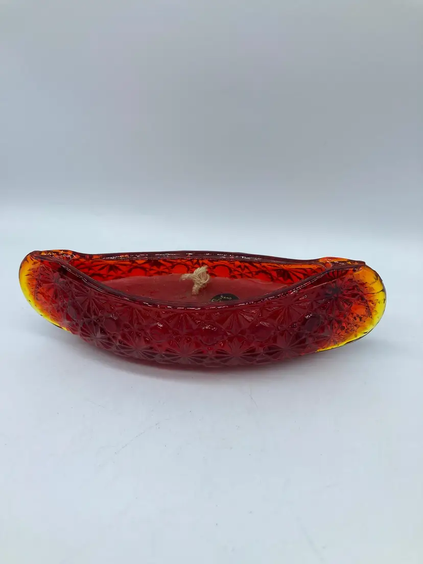 L.E. Smith Amberina Daisy & Button 6" Canoe, Unburned Candle, Sticker, Glows