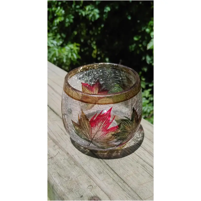 Crackle Glass Fall Leaf Votive/Candleholder 4"Tall