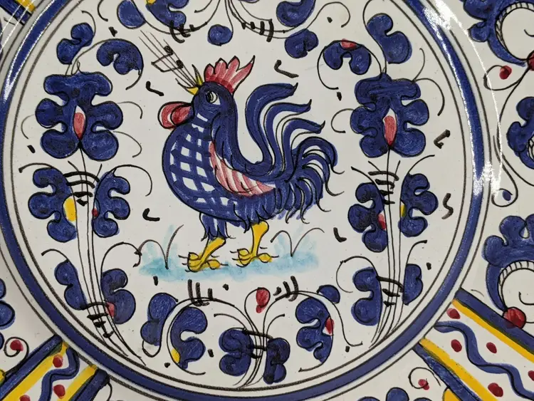 Vintage PV Deruta Italy Singing BLUE ROOSTER Chicken Peasant Valley Dinner Plate 10" Yellow Trim Hand painted Replacement Wall decor