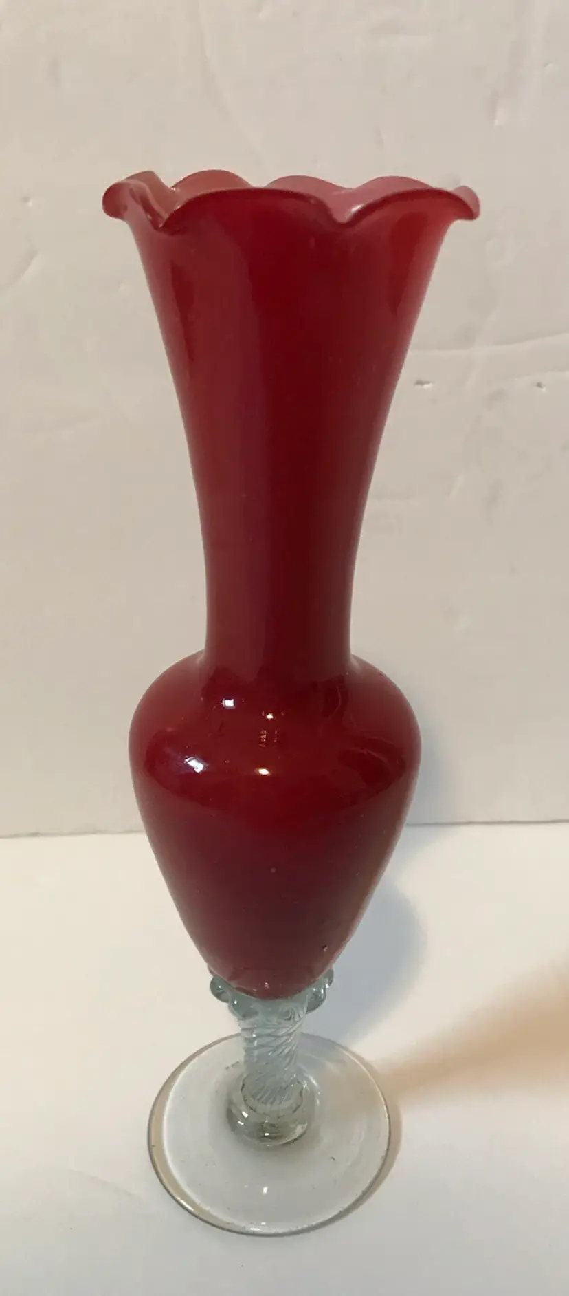 Red Cased Glass White Interior Ruffled Edge Vase With Clear Applied Base