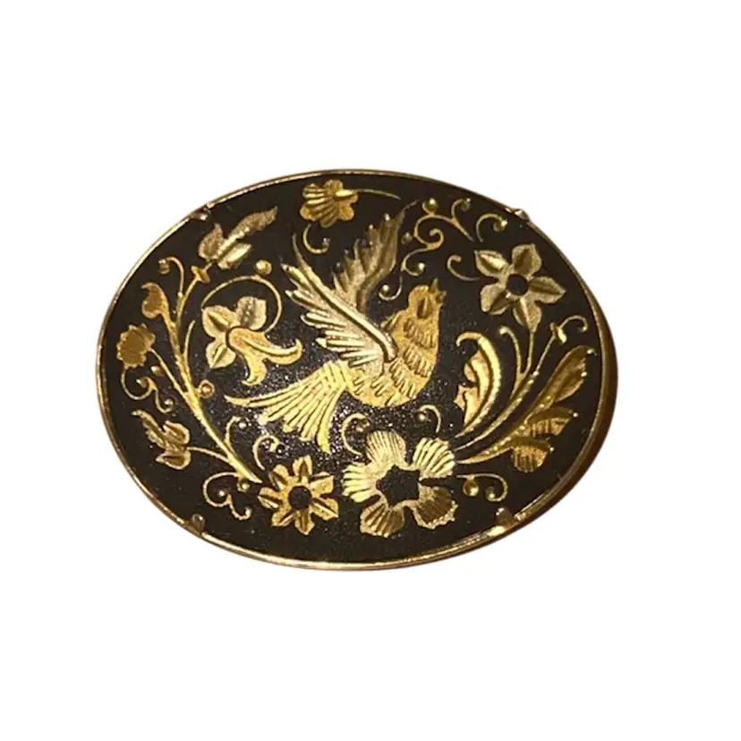 Vintage Damascene Bird Oval Brooch Spain 1.5”