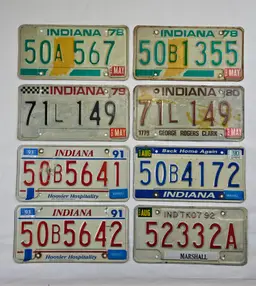 Lot of 8 Indiana State Metal License Plates Late 70s to Early 90s Auto Tags