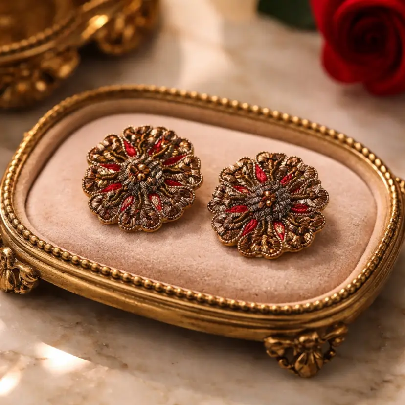 Vintage India Embroidered Brooch Pin, 1.25" Diameter