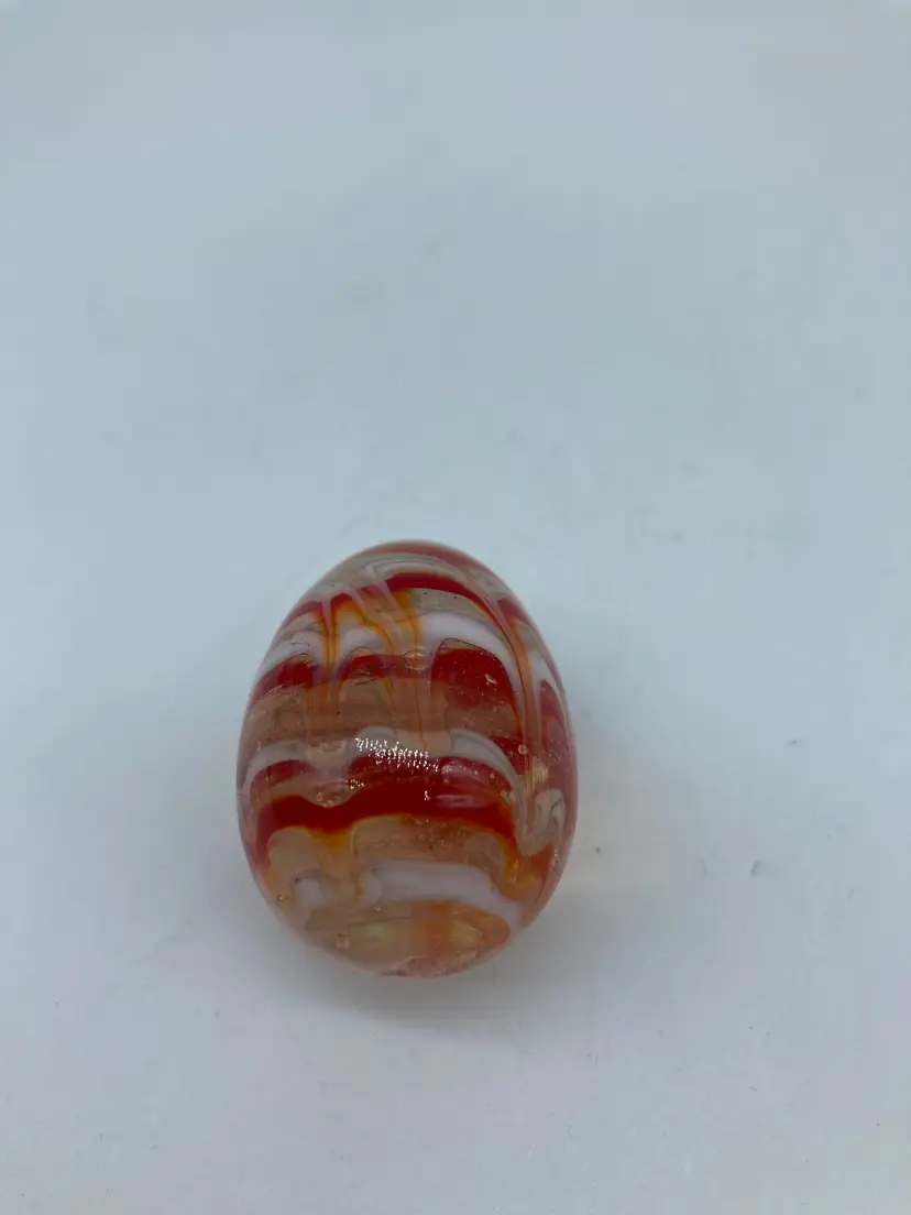 Miniature Hand Blown Multi Color Striped Swirl Glass Egg, Red, Orange and White