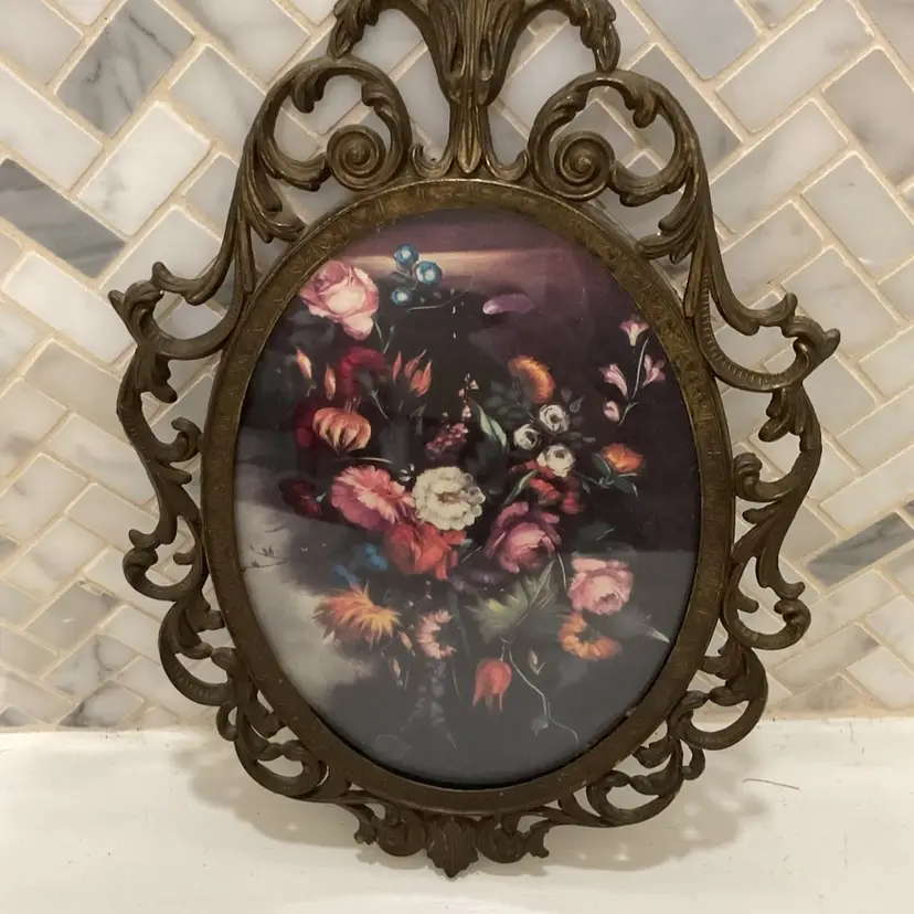 09 Vintage Italian Brass Frame With Floral Bouquet Print