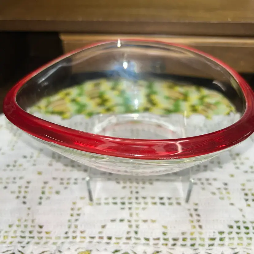 Vintage Walther Glas Germany Art Glass Clear Oval Bowl With Red Rim