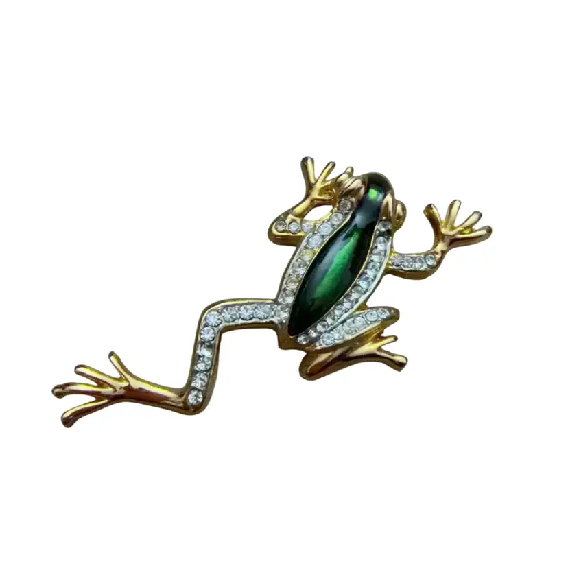Green Enamel Rhinestone Gold Tone Frog Brooch  Vintage *read