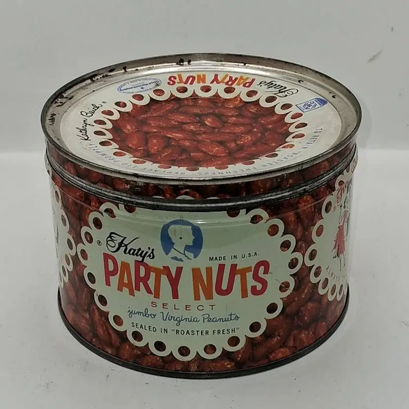 Vintage Katy's Party Nuts Tin! Great Graphics! Great Vintage Decor!