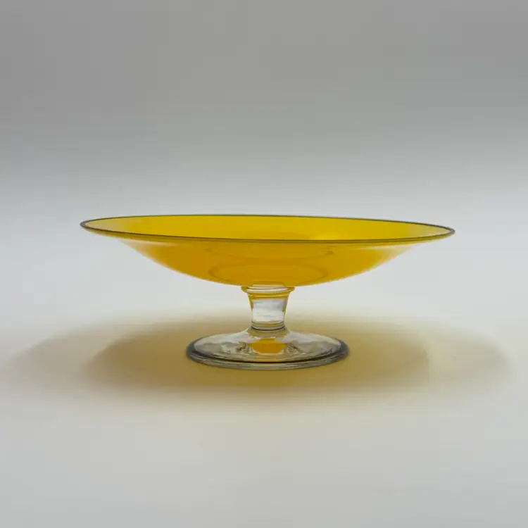 Yellow Blown Glass Compote With Black Rim Vintage Czech Bohemian Dish Clear Stem