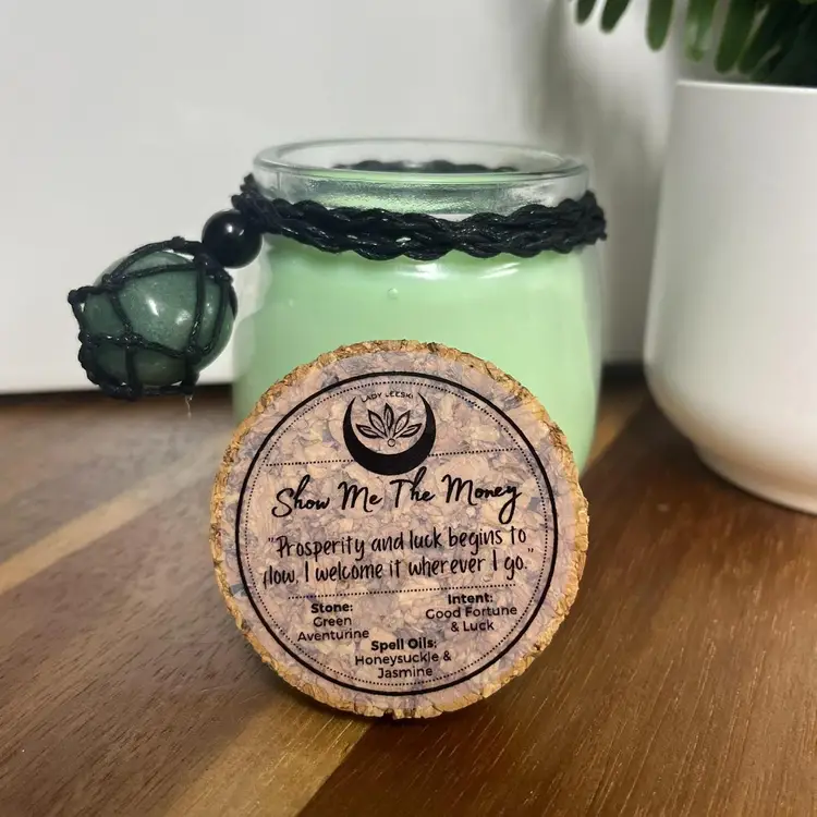 Spell Candle “Show Me The Money” - Good Fortune Intent - Jasmine, Bergamot, Honeysuckle Scent - Blessed w/ Spell Oils - 30 Hrs.