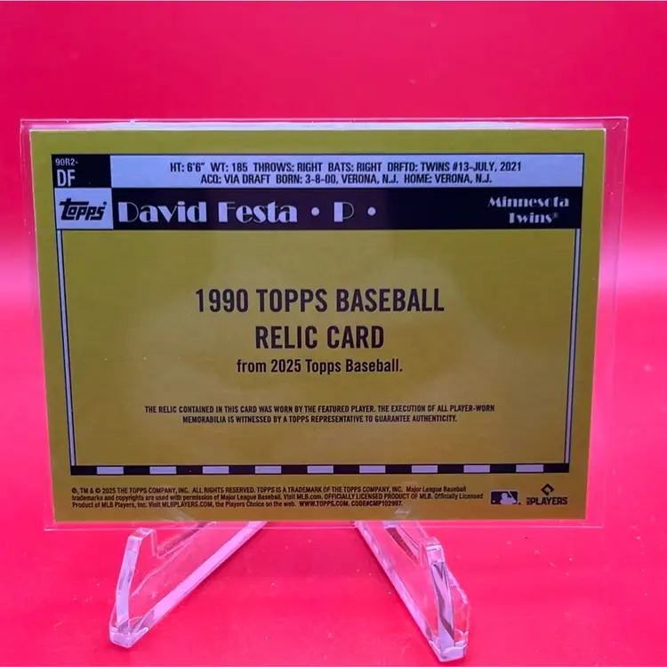 David Festa 2025 Topps Series 2 1990 Topps 35th Anniversary Relic RC Minnesota Twins