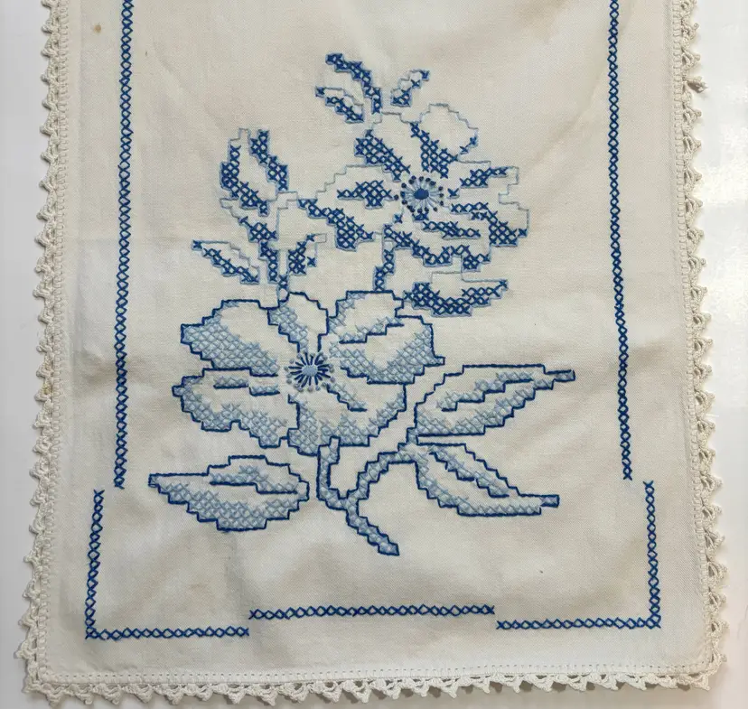 Vintage Cottagecore Cross Stitch Embroidered Dresser Scarf Runner Shabby Decor