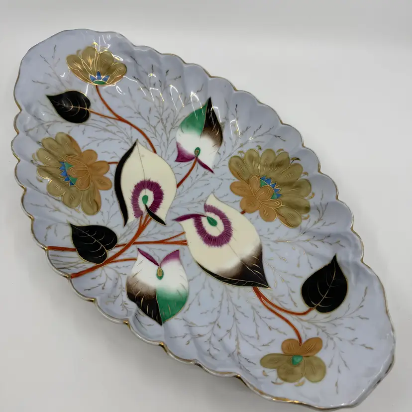 Vintage Art Nouveau Porcelain Long Dish Florals W Gold Accents & Rim 16”