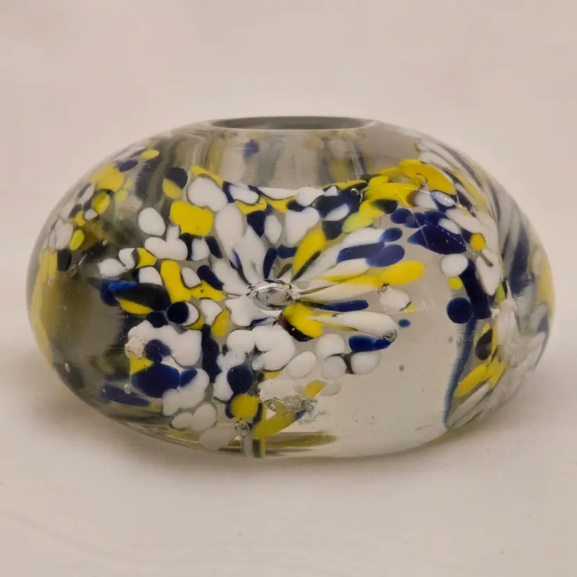 Art Glass Paperweight Candle Holder Blue and Yellow Unsigned 3¼" x 1¾" with Chip