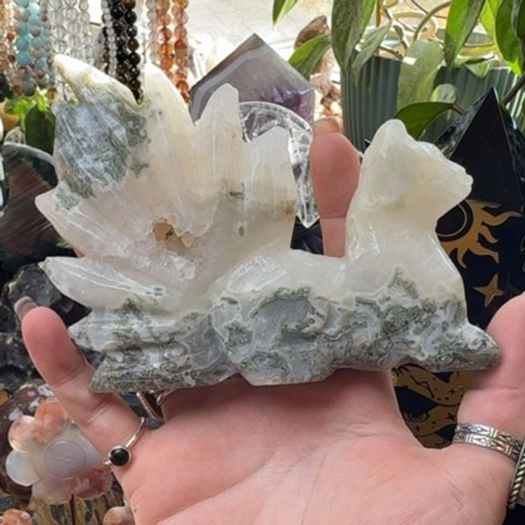 Moss Agate Nine Tail Fox. Small Chip