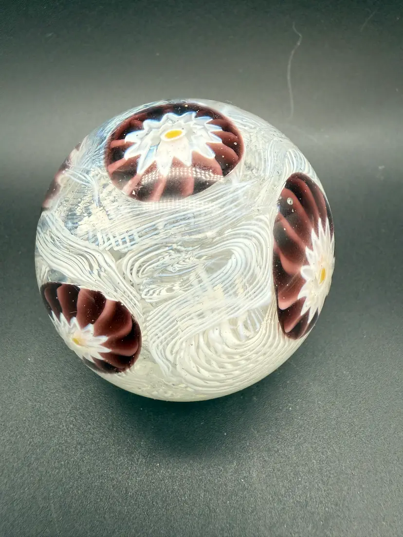 Murano Art Glass Paperweight Large Purple Millefiori White Latticino