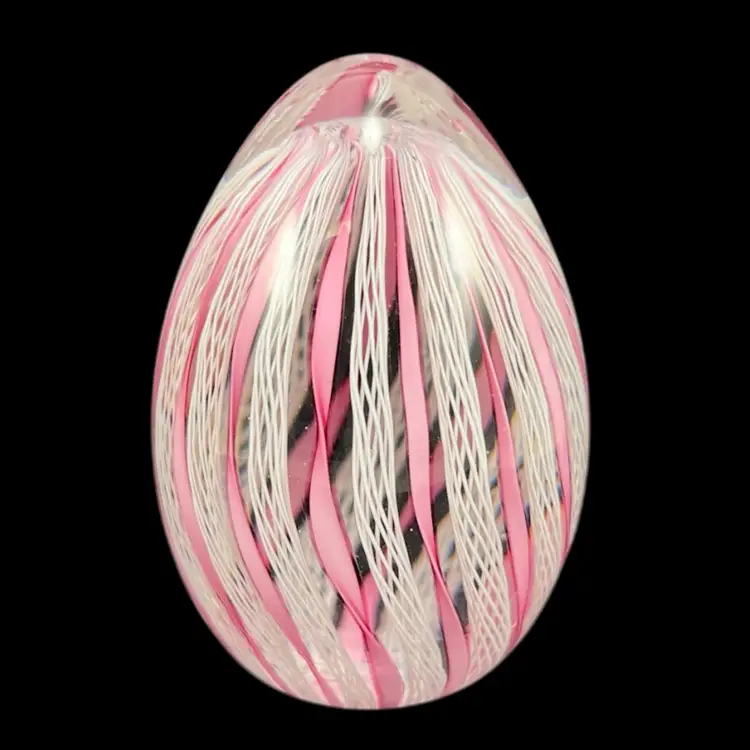 Murano Glass Pink And White Ribbon Paperweight, Vintage Murano Glass Zanfirico Garza Paperweight, Murano Glass Egg Shaped Paperweight
