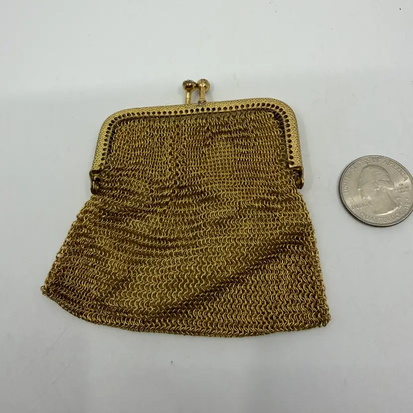 Vintage Gold Color Metal Mesh Coin Purse Rhinestone Kiss Lock  Clasp W. GERMANY
