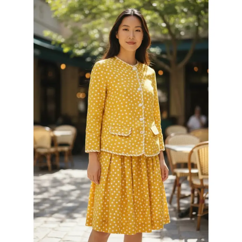 Vintage 100% Silk Yellow Polka Dot Suit Dress -  Brownstone Studio - Size 12