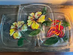 Vintage Hazel Atlas Hand Painted Floral Square Glass Snack/Desert Plates 8”