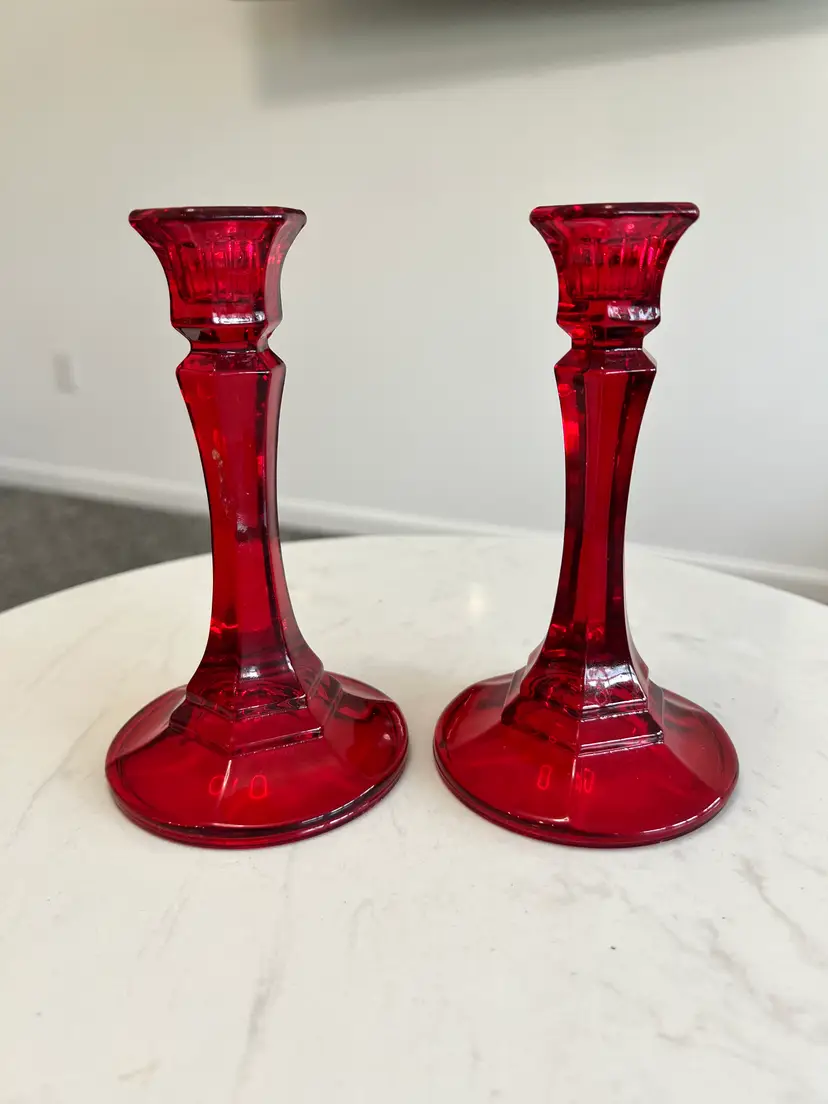 Vtg Indiana Glass Ruby Red Glass Candlestick Holders Taper 6" MCM Tablescape