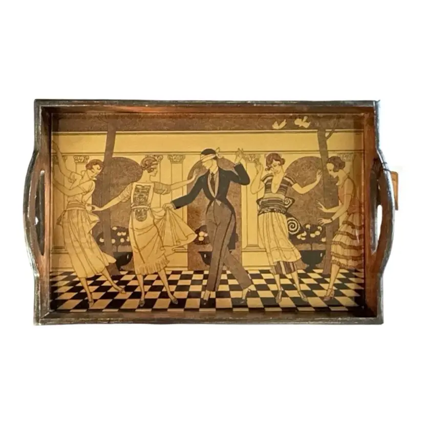 Pulvermacher Designs NYC Art Deco Glass Wood Tray George Barbier Artwork Dancers
