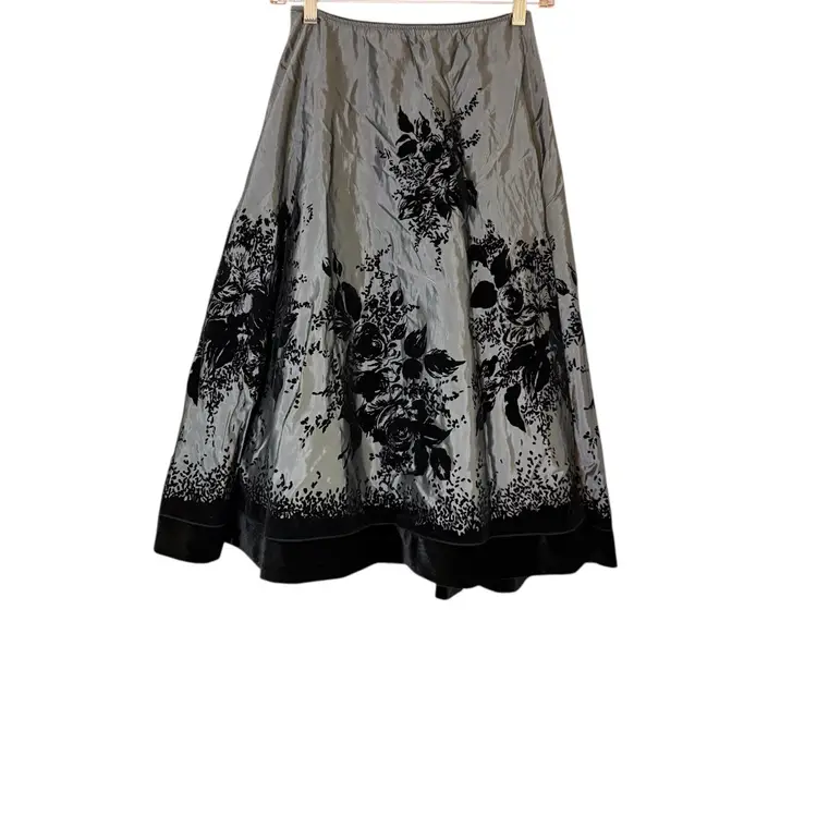 New A line Circle Skirt Gray Black Flocked Velvet Roses Size Small Whimsigoth