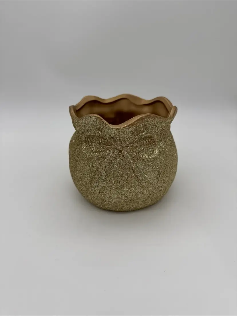 FTD Gold Glitter Santa Bag Decorative Christmas Vase Planter 5” X 6”