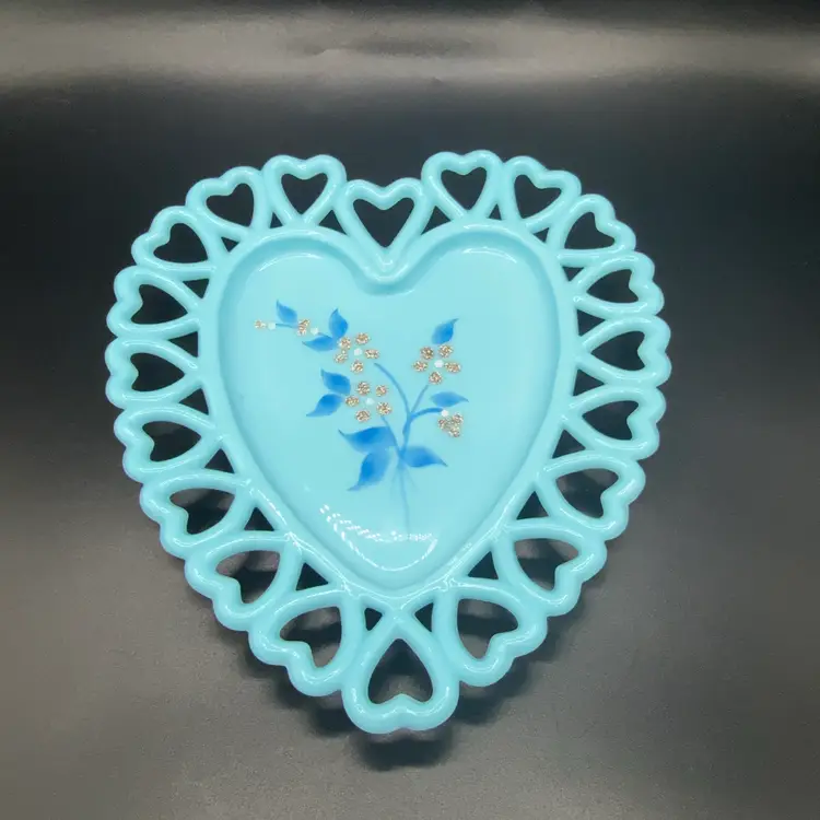 Westmoreland Blue Milk Glass Heart Shaped Painted Dish