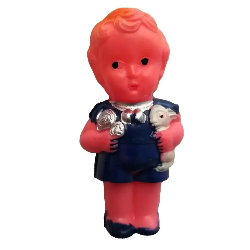 Toy Doll Rattle Boy Rabbit Vintage Hard Plastic Hand Painted Pink Blue Hong Kong