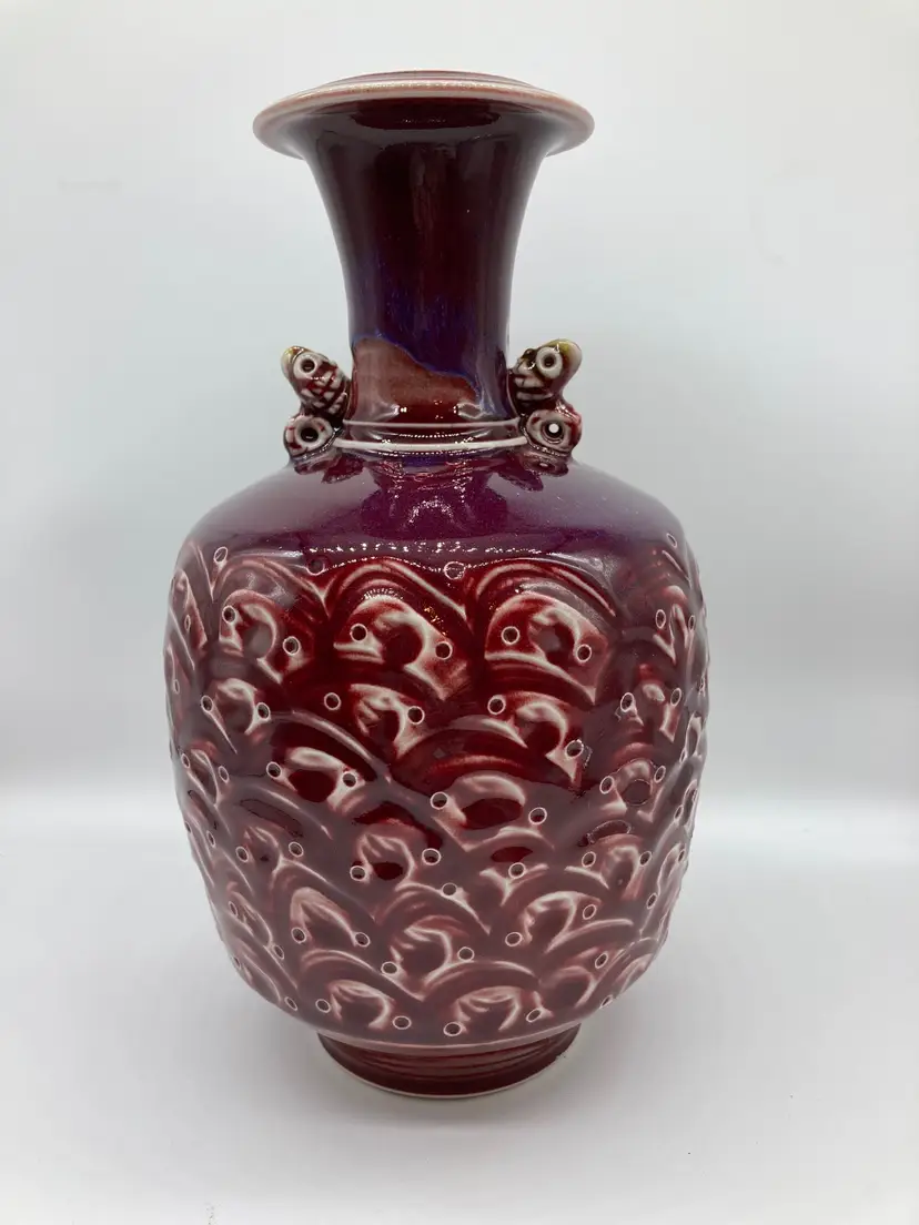 TOM TURNER OXBLOOD GLAZE RELIEF CARVED POTTERY VASE # 1103