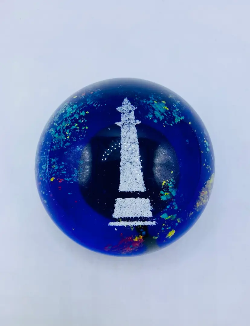 Vintage lighthouse paperweight, cobalt blue art glass white lighthouse