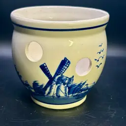White & Blue Windmill Planter with Holes Unmarked 4”