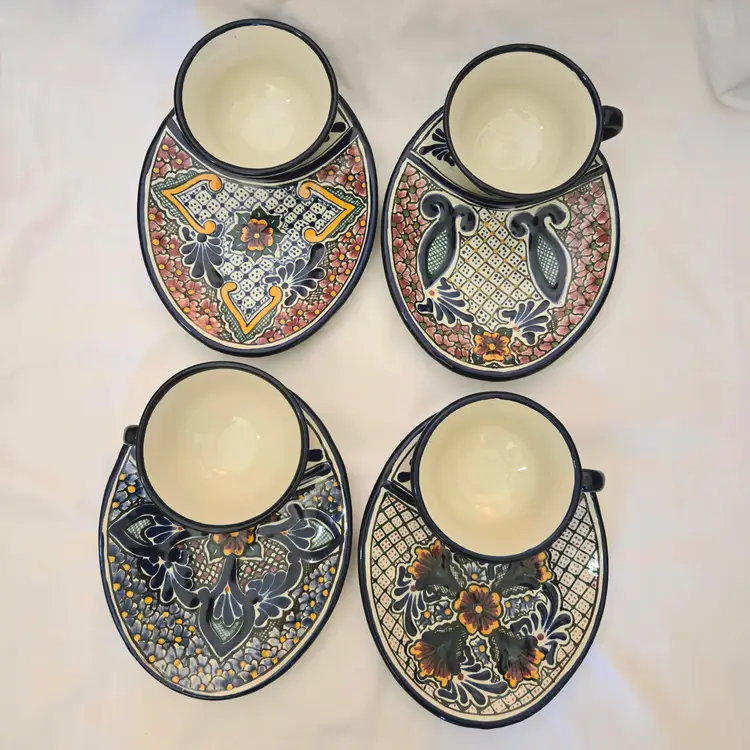 Artisan Talavera Handmade Mexican Pottery Tea Cup & Snack Plate set of 4 Signed Vintage