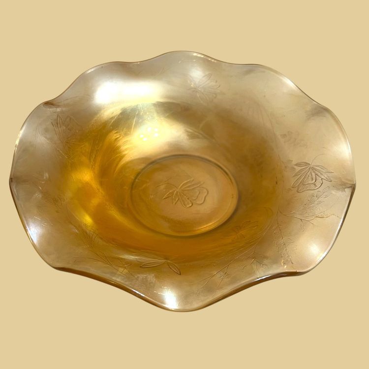 Floragold Jeanette carnival glass etched floral 9.5" x 2.5" 1950s bowl