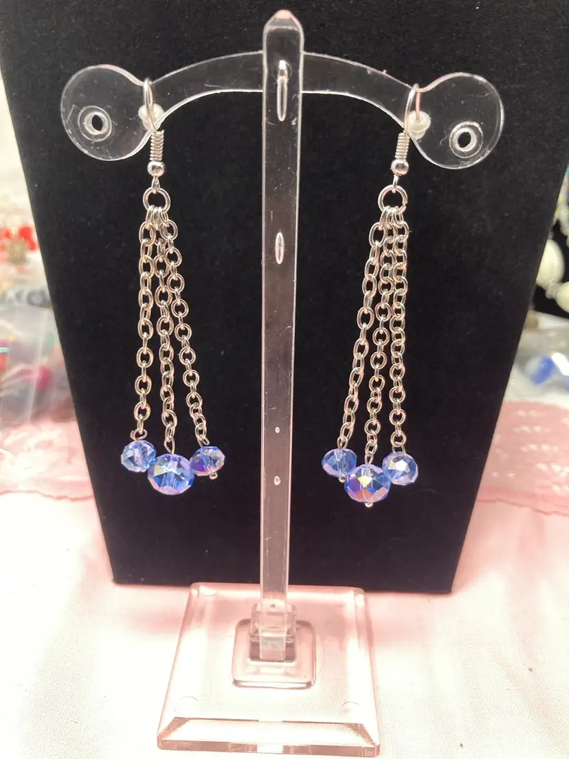 Blue AB Crystal Earrings 3” Drop! 925 Stamped  Fish Hooks.  Made By Me! Handmade!