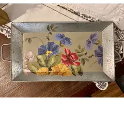 Up-Cycled Galvanized Tray With Florals 22”x 11”