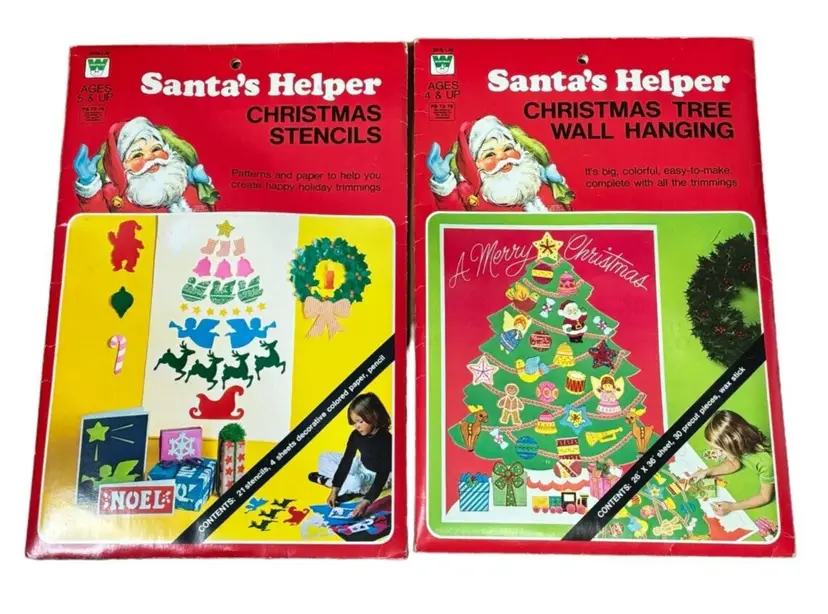Vintage Santa's Helper Christmas Stencils & Christmas Tree Wall Hanging 1976