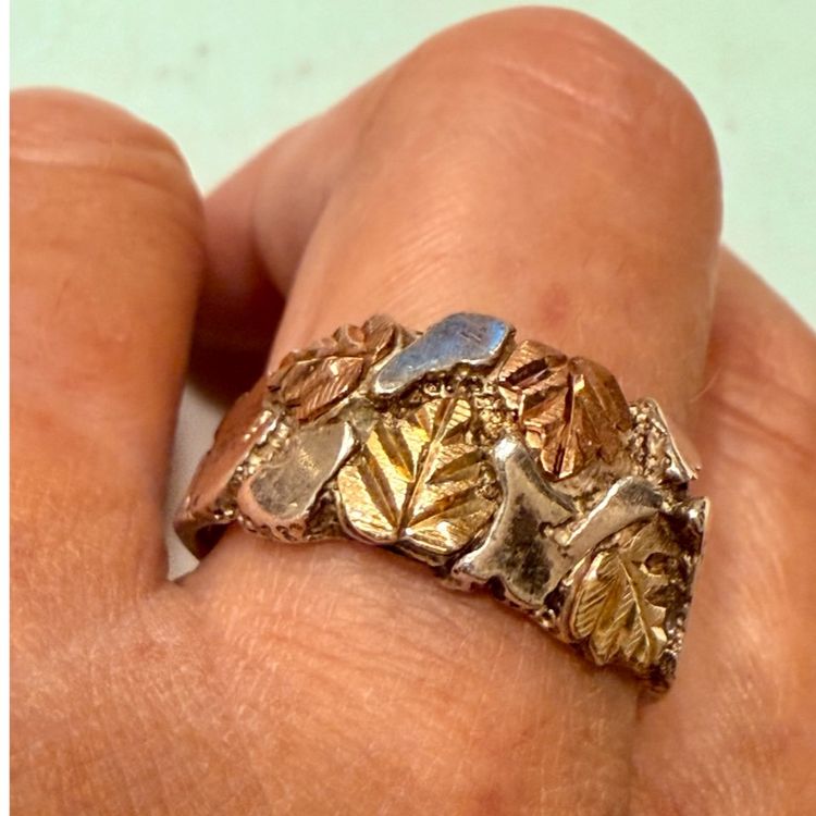 Vintage Black Hills Gold Sterling Silver Nugget Ring 14k Yellow & Rose Gold Leaves Size 10, 5.7g Tested