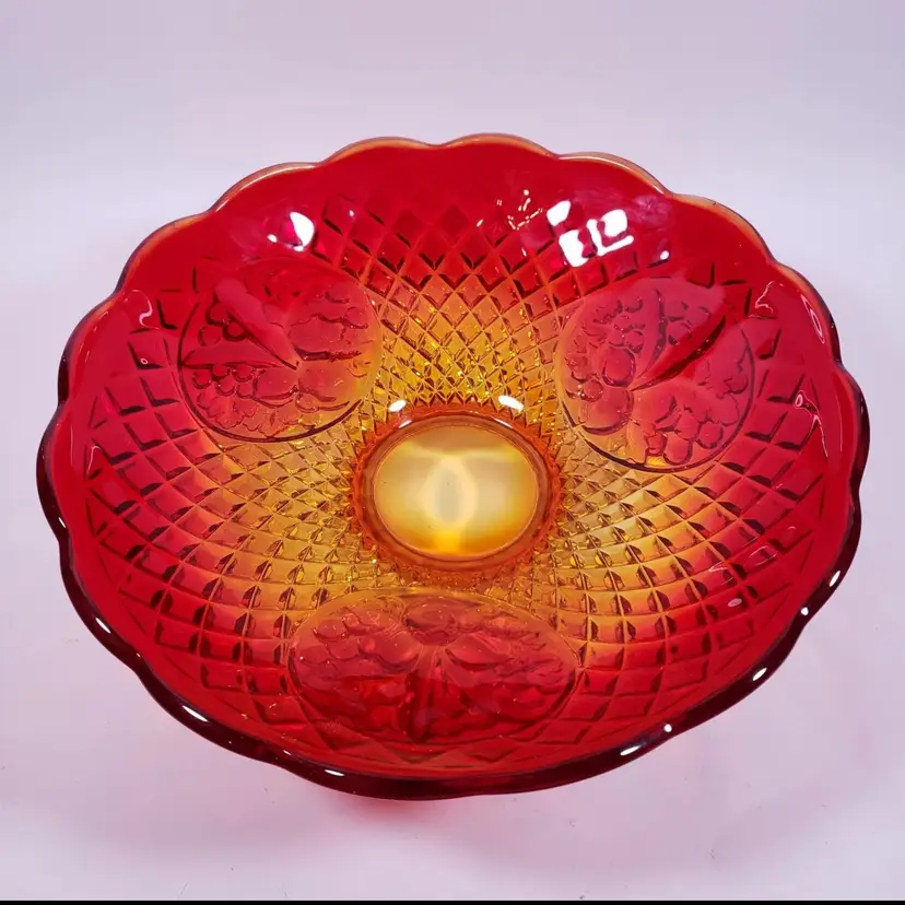Vintage INDIANA GLASS CANTERBURY SUNSET AMBERINA Cadmium Scalloped BOWL ~ GLOWS