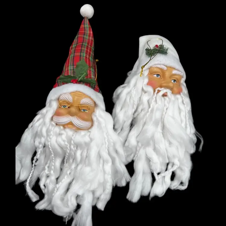 #270B Pair Of Large Santa Head with Yarn Beard Ornaments Made For Greenbrier International