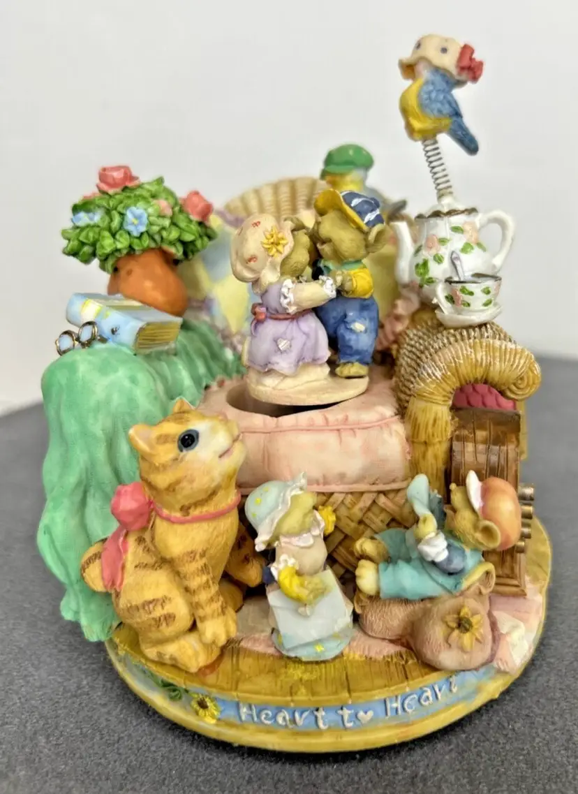 Vintage Whimsical Music Box Figurine Dancing Mice, Cat & Birds on Chair